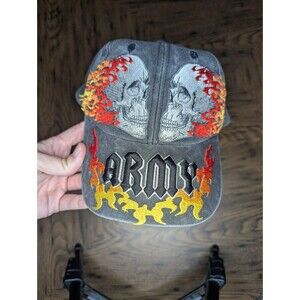 ARMY Cap SKULLS with FLAMES Black /Cotton Washed Adjusts to Fit Most Eagle Crest